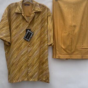 PAITANO Italy Button Down Short Sleeve Casual Suit For Men, Shirt & Pant Mustard